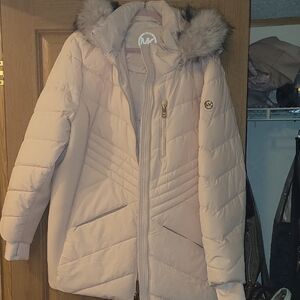 Michael Kors Women's Baby Pink Puffer Jacket with Faux Fur Hood NWT